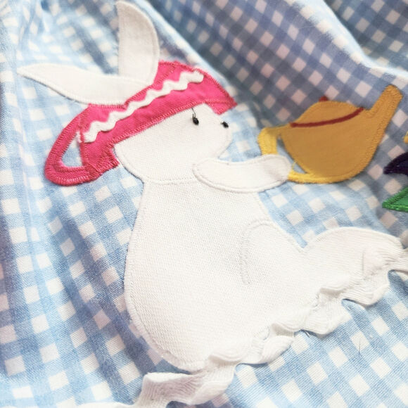 Vintage 1980s Baby Girl Easter Dress Blue Gingham Bunny & Tulip Teapot 18 Months - Picture 5 of 9